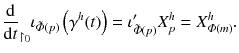 $$ \frac{\mathrm {d}}{\mathrm {d}t}_{\upharpoonright _{0}}\iota _{{\tilde{\varPhi }}(p)}\left( \gamma ^h(t)\right) = \iota '_{{\tilde{\varPhi }}(p)} X^h_p = X^h_{\varPhi (m)} . $$