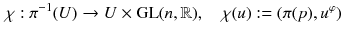 $$\begin{aligned} \chi :\pi ^{-1}(U)\rightarrow U \times \mathrm{GL}(n,{\mathbb {R}}) , \quad \chi ( u):= (\pi (p), u^\varphi ) \end{aligned}$$