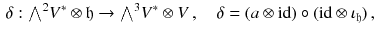 $$\begin{aligned} \delta : {\textstyle {\bigwedge }}^2 V^*\otimes \mathfrak h \rightarrow {\textstyle {\bigwedge }}^3 V^*\otimes V \, , \quad \delta = (a \otimes {{\mathrm{id}}}) \circ ({{\mathrm{id}}}\otimes \iota _{\mathfrak h}) \, , \end{aligned}$$