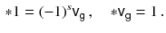 $$\begin{aligned} {{\mathrm{*}}}1 =(-1)^s{\textsf {v}}_{{\textsf {g}}}\, , \quad {{\mathrm{*}}}{\textsf {v}}_{{\textsf {g}}}=1\, . \end{aligned}$$