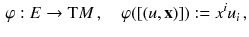 $$\begin{aligned} \varphi :E\rightarrow \mathrm{T}M \, , \quad \varphi ([(u, \mathbf {x})]) := x^i u_i \, , \end{aligned}$$