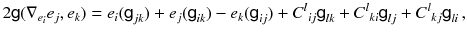 $$ 2 {{\textsf {g}}}(\nabla _{e_i} e_j, e_k) = e_i ({{\textsf {g}}}_{jk}) + e_j ({{\textsf {g}}}_{ik} ) - e_k ({{\textsf {g}}}_{ij} ) + C^l{}_{ij} {{\textsf {g}}}_{lk} + C^l{}_{ki} {{\textsf {g}}}_{lj} + C^l{}_{kj} {{\textsf {g}}}_{li} \, , $$