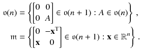 $$\begin{aligned} \mathfrak {o}(n)&= \left\{ \begin{bmatrix}0&0 \\ 0&A \end{bmatrix}\in \mathfrak {o}(n+1) : A \in \mathfrak {o}(n) \right\} \, , \\ \mathfrak m&= \left\{ \begin{bmatrix}0&- \mathbf {x}^\mathrm{T} \\ \mathbf {x}&0 \end{bmatrix}\in \mathfrak {o}(n+1): \mathbf {x} \in \mathbb {R}^n \right\} \, . \end{aligned}$$