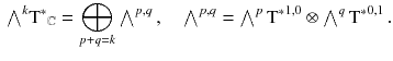 $$\begin{aligned} {\textstyle {\bigwedge }}^k {\mathrm{T}^*}_\mathbb {C}= \bigoplus _{p+q = k} {\textstyle {\bigwedge }}^{p, q} \, , \quad {\textstyle {\bigwedge }}^{p, q} = {\textstyle {\bigwedge }}^p \, {\mathrm{T}^*}^{1, 0} \otimes {\textstyle {\bigwedge }}^q \,{\mathrm{T}^*}^{0, 1} \, . \end{aligned}$$