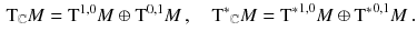 $$\begin{aligned} \mathrm{T}_\mathbb {C}M = \mathrm{T}^{1, 0} M \oplus \mathrm{T}^{0, 1} M \, , \quad {\mathrm{T}^*}_\mathbb {C}M= {\mathrm{T}^*}^{1, 0} M \oplus {\mathrm{T}^*}^{0, 1} M\, . \end{aligned}$$