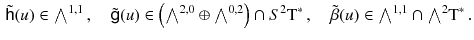 $$\begin{aligned} \tilde{{\textsf {h}}} (u) \in {\textstyle {\bigwedge }}^{1, 1} \, , \quad \tilde{{{\textsf {g}}}} (u) \in \left( {\textstyle {\bigwedge }}^{2, 0} \oplus {\textstyle {\bigwedge }}^{0, 2}\right) \cap S^2 \mathrm{T}^*\, , \quad \tilde{\beta } (u) \in {\textstyle {\bigwedge }}^{1, 1} \cap {\textstyle {\bigwedge }}^2 \mathrm{T}^*\, . \end{aligned}$$