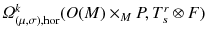 $$ \varOmega ^k_{(\mu ,\sigma ),{{\mathrm{hor}}}}(O(M) \times _M P, T^r_s \otimes F)$$