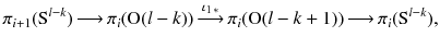 $$ \pi _{i+1}(\mathrm S^{l-k}) \mathop {\longrightarrow }\limits ^{ } \pi _{i}(\mathrm {O}(l-k)) \mathop {\longrightarrow }\limits ^{\iota _{1\,*}} \pi _{i}(\mathrm {O}(l-k+1)) \mathop {\longrightarrow }\limits ^{ } \pi _{i}(\mathrm S^{l-k}), $$