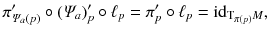 $$ \pi '_{\varPsi _a(p)} \circ (\varPsi _a)'_p \circ {\ell }_p = \pi '_p \circ {\ell }_p = {{\mathrm{id}}}_{\mathrm{T}_{\pi (p)} M}, $$