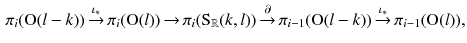 $$\begin{aligned} \pi _i (\mathrm {O}(l-k)) \mathop {\rightarrow }\limits ^{\iota _*} \pi _i(\mathrm {O}(l)) \mathop {\rightarrow }\limits ^{ } \pi _i(\mathrm{S}_\mathbb {R}(k, l)) \mathop {\rightarrow }\limits ^{\partial } \pi _{i-1}(\mathrm {O}(l-k)) \mathop {\rightarrow }\limits ^{\iota _*} \pi _{i-1}(\mathrm {O}(l)) , \end{aligned}$$