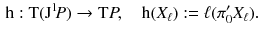 $$\begin{aligned} \mathrm h: \mathrm{T}(\mathrm J^1 \! P) \rightarrow \mathrm{T}P ,\quad \mathrm h(X_{\ell }) := {\ell }(\pi _0' X_{\ell }). \end{aligned}$$