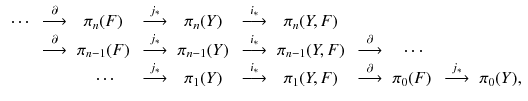 $$\begin{aligned}{}\begin{array}[b]{rcccccccccc} \cdots &{} \mathop {\longrightarrow }\limits ^{\partial } &{} \pi _n(F) &{} \mathop {\longrightarrow }\limits ^{j_*} &{} \pi _n(Y) &{} \mathop {\longrightarrow }\limits ^{i_*} &{} \pi _n(Y, F) \\ &{} \mathop {\longrightarrow }\limits ^{\partial } &{} \pi _{n-1}(F) &{} \mathop {\longrightarrow }\limits ^{j_*} &{} \pi _{n-1}(Y) &{} \mathop {\longrightarrow }\limits ^{i_*} &{} \pi _{n-1}(Y, F) &{} \mathop {\longrightarrow }\limits ^{\partial } &{} \cdots \\ &{} &{} \cdots &{} \mathop {\longrightarrow }\limits ^{j_*} &{} \pi _1(Y) &{} \mathop {\longrightarrow }\limits ^{i_*} &{} \pi _1(Y, F) &{} \mathop {\longrightarrow }\limits ^{\partial } &{} \pi _0(F) &{} \mathop {\longrightarrow }\limits ^{j_*} &{} \pi _0(Y), \end{array} \end{aligned}$$