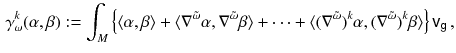 $$\begin{aligned} \gamma ^k_\omega (\alpha ,\beta ) := \int _M \left\{ \langle \alpha , \beta \rangle + \langle \nabla ^{\tilde{\omega }} \alpha , \nabla ^{\tilde{\omega }} \beta \rangle + \cdots + \langle (\nabla ^{\tilde{\omega }})^k \alpha , (\nabla ^{\tilde{\omega }})^k \beta \rangle \right\} {\mathsf {v}}_{{\mathsf {g}}}\, , \end{aligned}$$