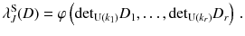 $$ \lambda ^\mathrm S_J(D) = \varphi \left( {\det }_{\mathrm{U}(k_1)}D_1,\dots , {\det }_{\mathrm{U}(k_r)}D_r\right) \, . $$