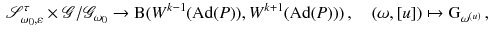 $$\begin{aligned} {\mathscr {S}}^\tau _{\omega _0,\varepsilon } \times {\mathscr {G}}/{\mathscr {G}}_{\omega _0} \rightarrow \mathrm B(W^{k-1}(\mathrm{Ad}(P)), W^{k+1}(\mathrm{Ad}(P)))\,, \quad (\omega ,[u]) \mapsto \mathrm G_{\omega ^{(u)}}\,, \end{aligned}$$