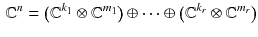 $$\begin{aligned} \mathbb {C}^n = \big (\mathbb {C}^{k_1}\otimes \mathbb {C}^{m_1}\big ) \oplus \cdots \oplus \big (\mathbb {C}^{k_r}\otimes \mathbb {C}^{m_r}\big ) \end{aligned}$$