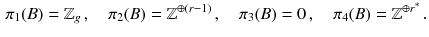 $$\begin{aligned} \pi _1(B) = \mathbb {Z}_g \,,\quad \pi _2(B) = \mathbb {Z}^{\oplus (r-1)} \,,\quad \pi _3(B)=0 \,,\quad \pi _4(B)=\mathbb {Z}^{\oplus r^*}\,. \end{aligned}$$