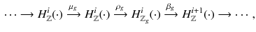 $$\begin{aligned} \cdots \xrightarrow {~~\,} H^{i}_{\mathbb {Z}}(\cdot )\xrightarrow {\mu _g} H^{i}_{\mathbb {Z}}(\cdot )\xrightarrow {\rho _g} H^{i}_{\mathbb {Z}_g}(\cdot )\xrightarrow {\beta _g} H^{i+1}_{\mathbb {Z}}(\cdot )\xrightarrow {~~\,} \cdots \,, \end{aligned}$$