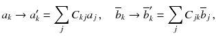 $$ a_k \rightarrow a_k' = \sum _j C_{kj} a_j \, , \quad \overline{b}_k \rightarrow \overline{b}_k' = \sum _j C_{jk} \overline{b}_j \, , $$