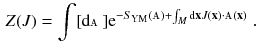 $$\begin{aligned} Z (J) = \int [\mathrm {d}{\mathbbm {A}} ] \mathrm e^{- S_{\mathrm Y \mathrm M} ({\mathbbm {A}}) + \int _M \mathrm {d}{\mathbf {x}} J (\mathbf {x}) \cdot {\mathbbm {A}}(\mathbf {x}) } \, . \end{aligned}$$