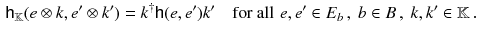 $$\begin{aligned} {\mathsf {h}}_{\mathbb {K}}(e \otimes k , e' \otimes k') = k^\dagger {\mathsf {h}}(e , e') k' \quad \text {for all}\, \, e , e' \in E_b \,, ~ b \in B \,, ~ k , k' \in {\mathbb {K}}\,. \end{aligned}$$