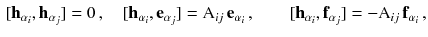 $$\begin{aligned}{}[\mathbf {h}_{\alpha _i}, \mathbf {h}_{\alpha _j} ] = 0 \,,\quad [\mathbf {h}_{\alpha _i}, \mathbf {e}_{\alpha _j} ] = \mathrm{A}_{ij} \, \mathbf {e}_{\alpha _i} \,,\quad \quad [\mathbf {h}_{\alpha _i}, \mathbf {f}_{\alpha _j} ] = - \mathrm{A}_{ij} \, \mathbf {f}_{\alpha _i}\,, \end{aligned}$$