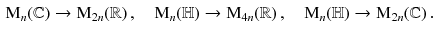 $$\begin{aligned} \mathrm M_n({\mathbb {C}}) \rightarrow \mathrm M_{2n}({\mathbb {R}}) \,,\quad \mathrm M_n({\mathbb {H}}) \rightarrow \mathrm M_{4n}({\mathbb {R}}) \,,\quad \mathrm M_n({\mathbb {H}}) \rightarrow \mathrm M_{2n}({\mathbb {C}})\,. \end{aligned}$$