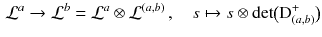 $$\begin{aligned} \mathcal{L}^a \rightarrow \mathcal{L}^b = \mathcal{L}^a \otimes \mathcal{L}^{(a,b)} \, , \quad s \mapsto s \otimes {\mathrm {det}}\big ( \mathrm{D}^+_{(a,b)} \big ) \end{aligned}$$