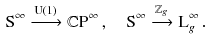 $$\begin{aligned} {\mathrm S^{\infty }} \xrightarrow {\mathrm{U}(1)} {\mathbb {C}}\mathrm P^\infty \,,\quad {\mathrm S^{\infty }} \xrightarrow {{\mathbb {Z}}_g} {\mathrm{L}_{g}^{\infty }} \,. \end{aligned}$$