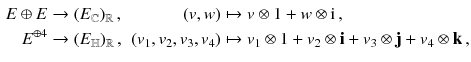 $$\begin{aligned} E \oplus E&\rightarrow (E_{\mathbb {C}})_{\mathbb {R}}\,,&(v,w)&\mapsto v \otimes 1 + w \otimes \mathrm i \,, \\ E^{\oplus 4}&\rightarrow (E_{\mathbb {H}})_{\mathbb {R}}\,,&(v_1 , v_2 , v_3 , v_4)&\mapsto v_1 \otimes 1 + v_2 \otimes \mathbf i + v_3 \otimes \mathbf j + v_4 \otimes \mathbf k \,, \end{aligned}$$