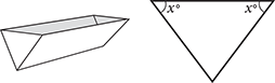 A feeding trough on the left that is in the shape of a triangular prism with one open face. A triangle on the right both angles on the top side labeled x.