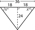 Same triangle from above. The top side has length 36, and an altitude has been drawn from the bottom vertex to the top line, with length 24. The side of 36 has been split in half, forming two right triangles.