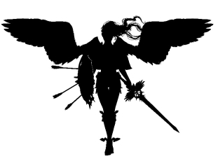 A silhouette of a person with wings and sword

Description automatically generated