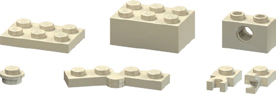 Assorted pieces for making miniland-sized torsos (from left to right): 2×3 plates, 2×3 bricks, 1×2 Technic bricks, 1×1 cylinder plates, 1×2 hinge plates, and 1×1 clip plates