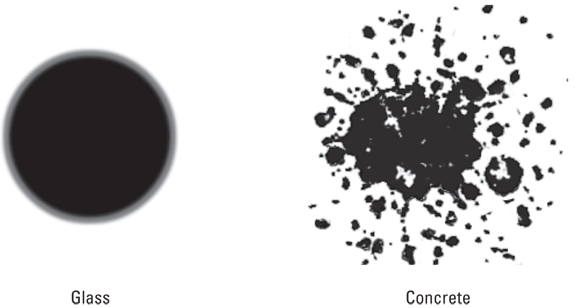 Screen captures depicting size and shape of the spatter according to surface that the blood hits: Glass and Concrete.