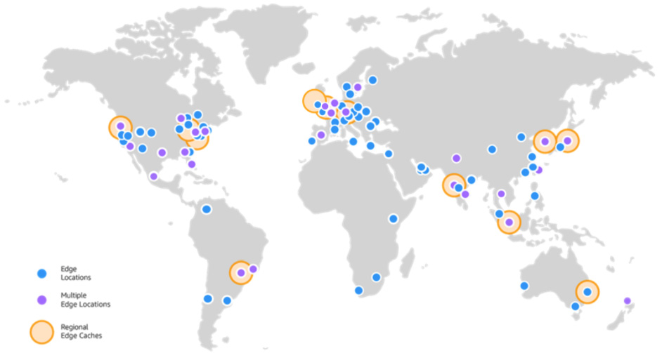 Figure 2.4 – Edge locations and regional edge caches across the globe. Image courtesy of AWS (https://aws.amazon.com/cloudfront/features/)
