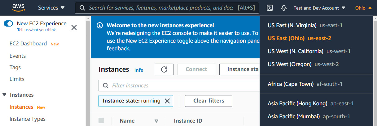 Figure 2.5 – Selecting a Region to access the EC2 instances (servers) deployed in that Region
