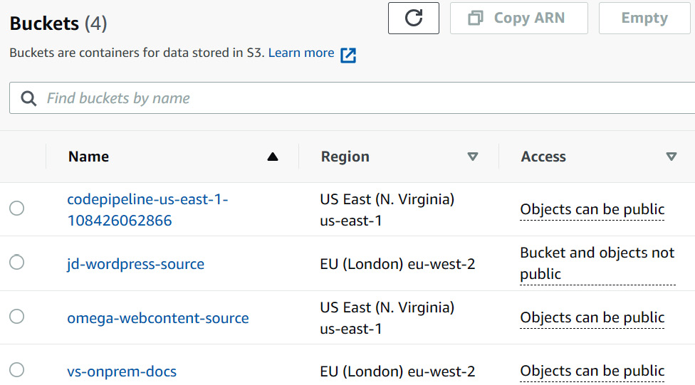 Figure 2.6 – Amazon S3, displaying all buckets in a specific AWS account across all 
Regions where they have been deployed 
