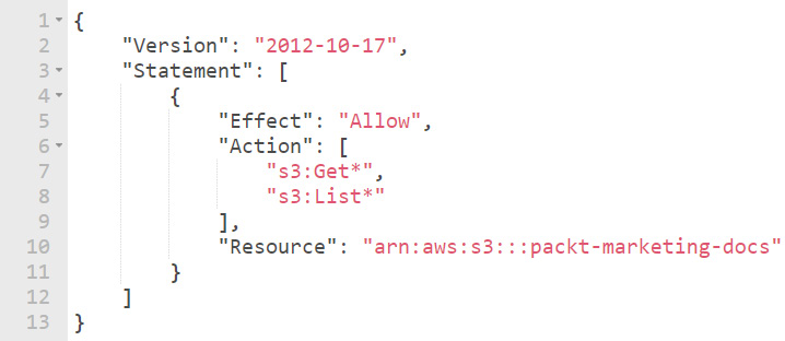 Figure 4.8 – Customer-managed policy restricting access to a single Amazon S3 bucket
