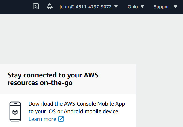 Figure 4.12 – IAM user John has successfully logged in to this AWS account
