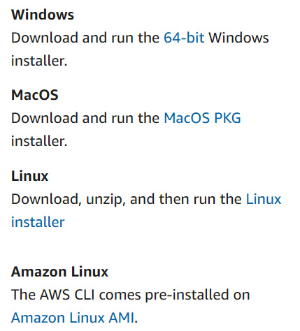 Figure 4.13 – Links to download the appropriate AWS CLI installer for your operating system
