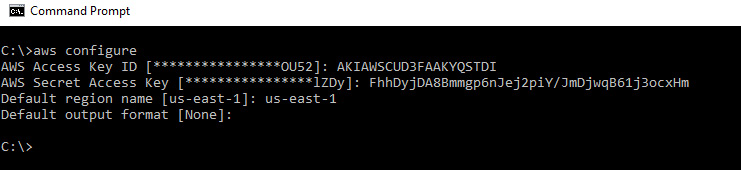 Figure 4.15 – Configuring the AWS CLI with access key ID and secret access keys
