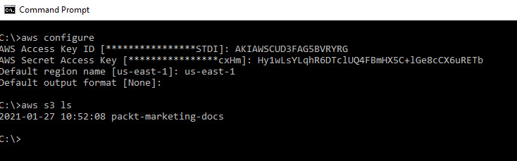 Figure 4.16 – Configuring the AWS CLI with access key ID and secret access keys
