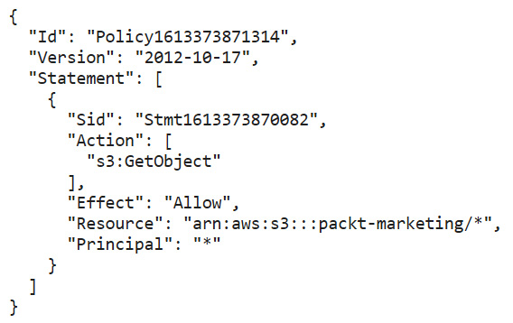 Figure 5.2 – Bucket policy example granting anonymous access to the 
contents of the 'packt-marketing' S3 bucket
