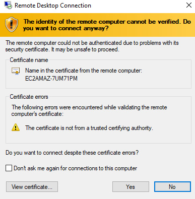 Figure 7.29 – RDP certificate warning dialog box
