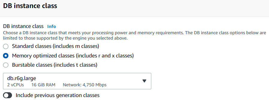 Figure 8.3 – Database instance class options
