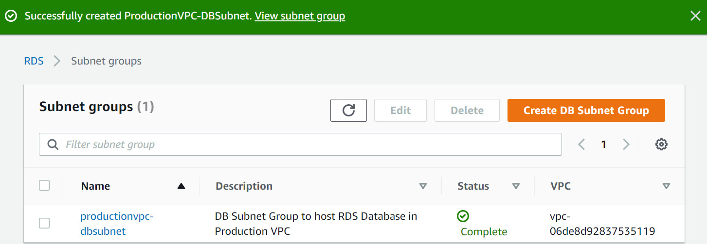 Figure 8.14 – Successfully creating a database subnet group
