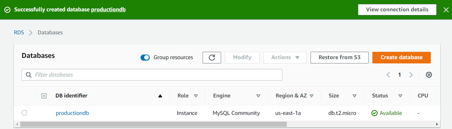 Figure 8.15 – RDS database created successfully notification
