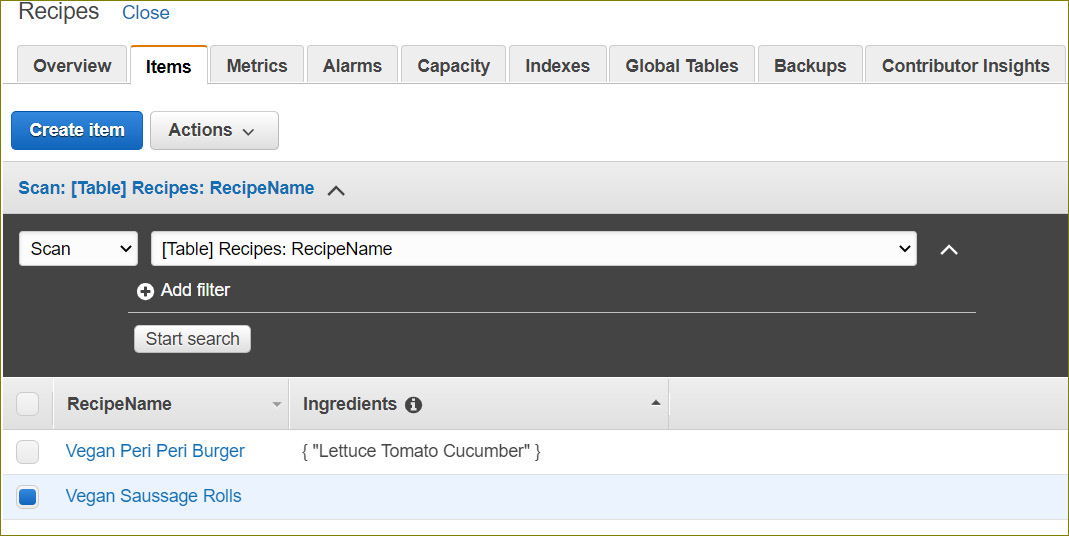 Figure 8.18 – DynamoDB Recipes table
