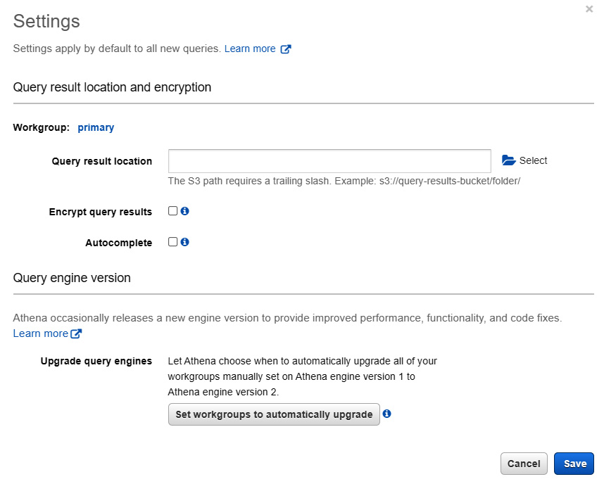 Figure 11.5 – Amazon Athena – Settings
